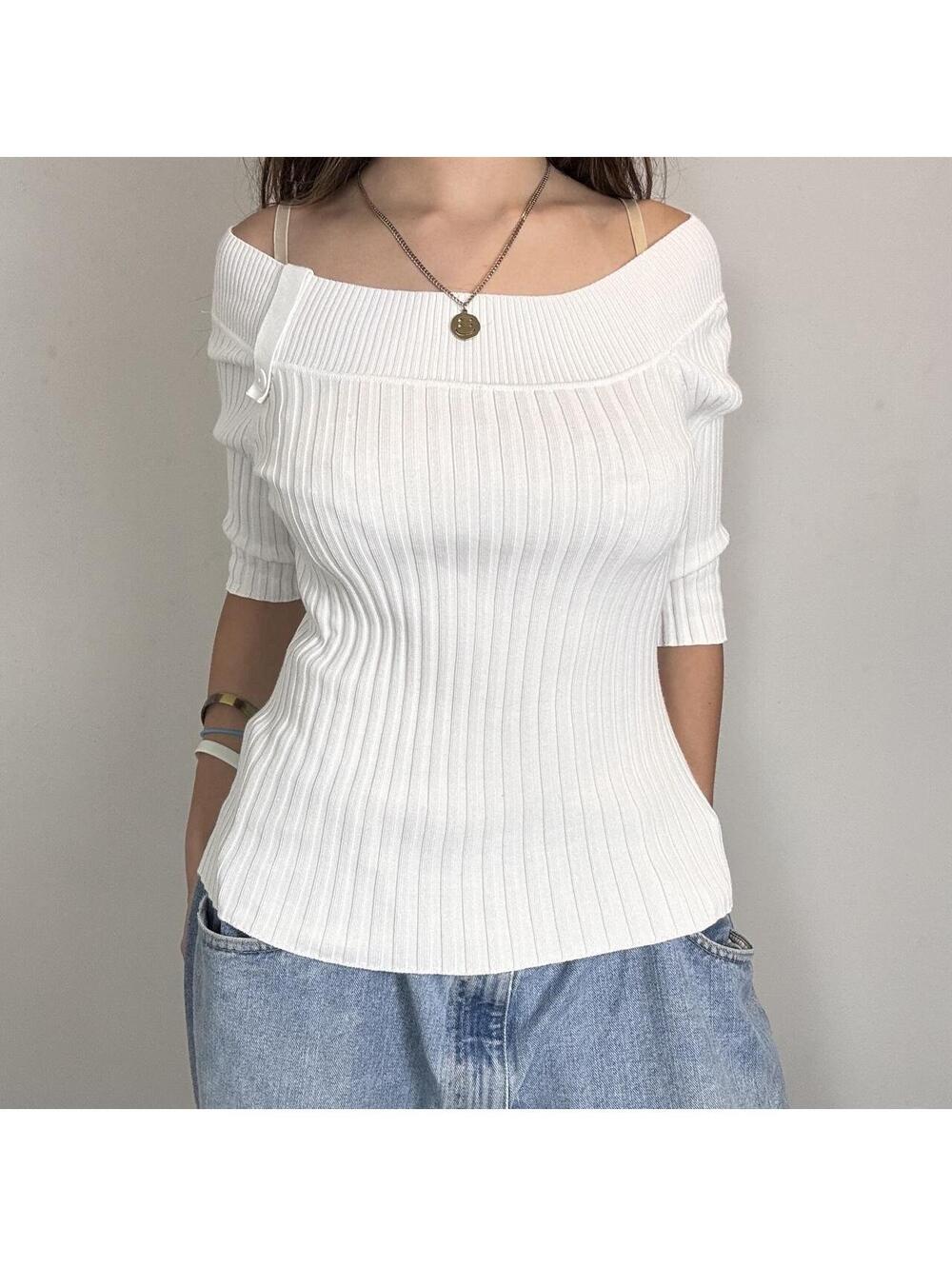 Wet Seal white off-shoulder fitted knit sweater / top button half sleeves medium